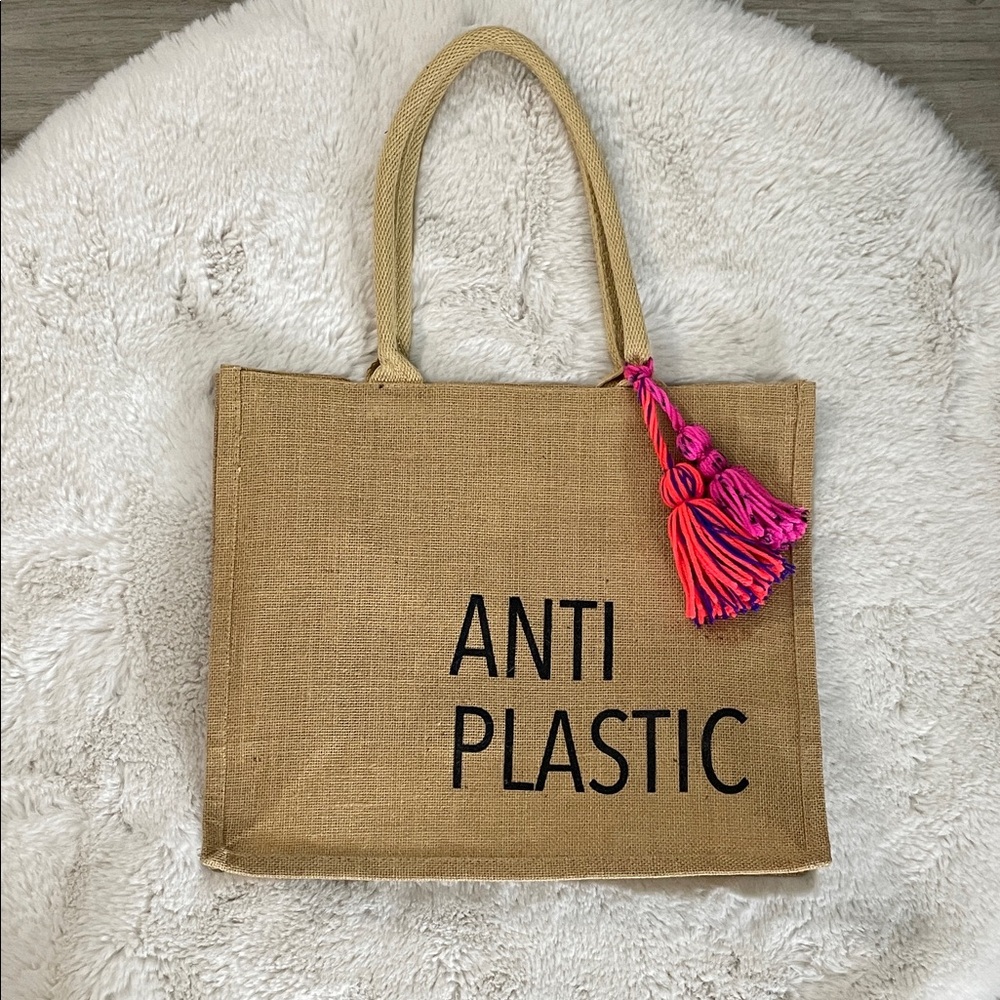 Eco-Friendly Tan Tote Bag with Pink and orange  Tassel